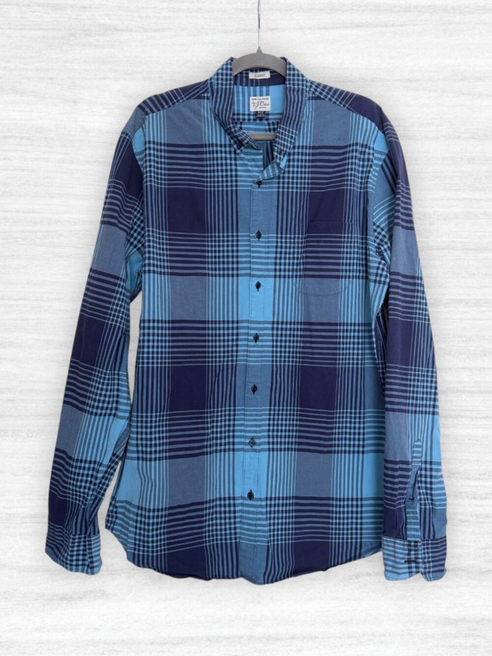J.Crew Men's Navy Blue Turquoise Plaid Button Down Shirt XLT